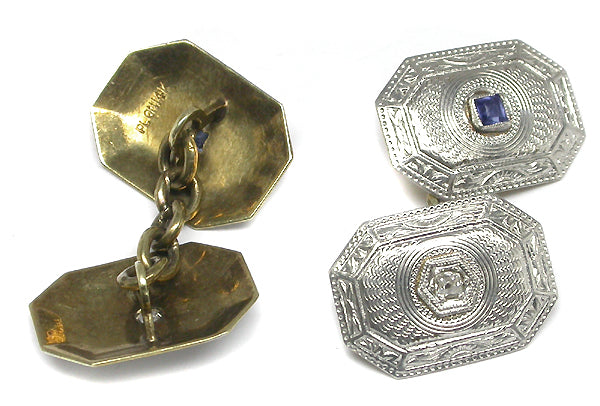 Edwardian  Sapphire Diamond  Platinum & 14k Yellow Gold Cufflinks