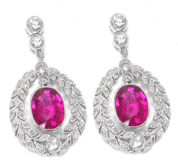 Edwardian Style 18k White Gold 2.96ct Rubelite Diamond Earrings