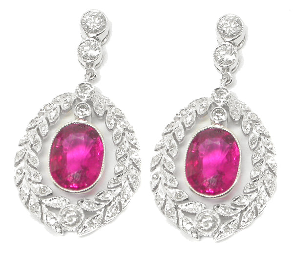 Edwardian Style 18k White Gold 2.96ct Rubelite Diamond Earrings
