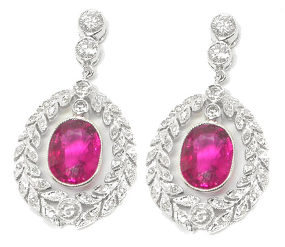 Edwardian Style 18k White Gold 2.96ct Rubelite Diamond Earrings