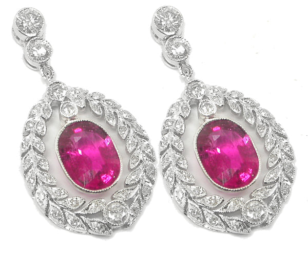 Edwardian Style 18k White Gold 2.96ct Rubelite Diamond Earrings