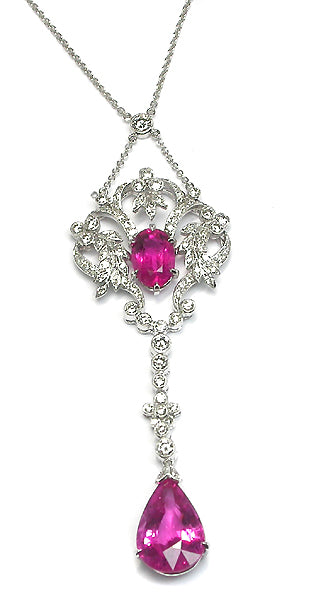 Edwardian Style 18k White Gold 5.60ct Rubelite Diamond Necklace