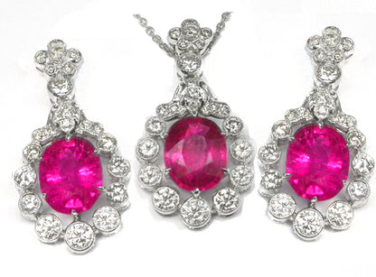 Edwardian Style 18k White Gold Rubelite Diamond Necklace & Earrings Set