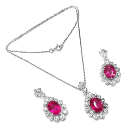 Edwardian Style 18k White Gold Rubelite Diamond Necklace & Earrings Set