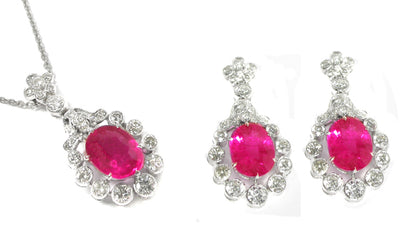 Edwardian Style 18k White Gold Rubelite Diamond Necklace & Earrings Set