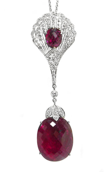 Edwardian Style 23.43ct Pink Tourmaline 0.72ct Diamond 14k White Gold Pendant