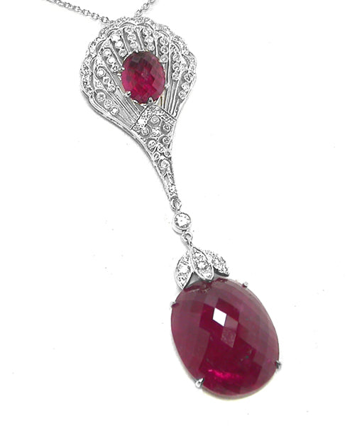 Edwardian Style 23.43ct Pink Tourmaline 0.72ct Diamond 14k White Gold Pendant
