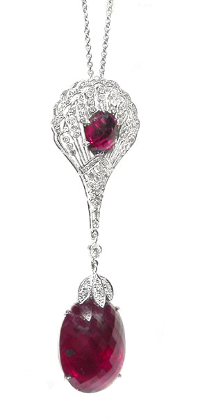 Edwardian Style 23.43ct Pink Tourmaline 0.72ct Diamond 14k White Gold Pendant