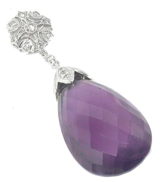 Edwardian Style 25ct Amethyst 14k White Gold Diamond Pendant