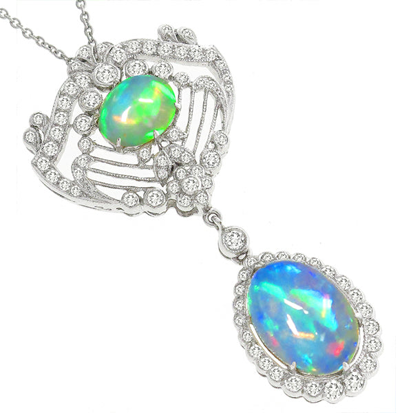 Edwardian Style 4.98ct Cabochon Green Opal and Diamond Pendant