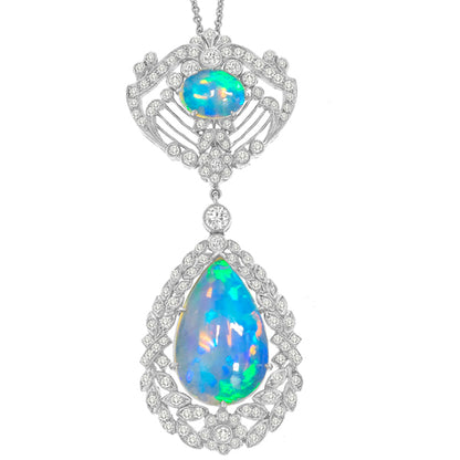 Edwardian Style 7.40ct Cabochon Opal Diamond 18 Karat White Gold