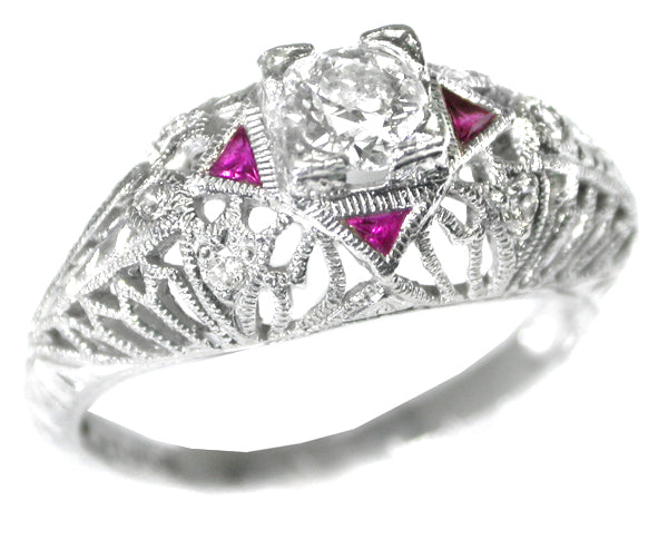 Edwardian Style Platinum Diamond and Ruby Ring