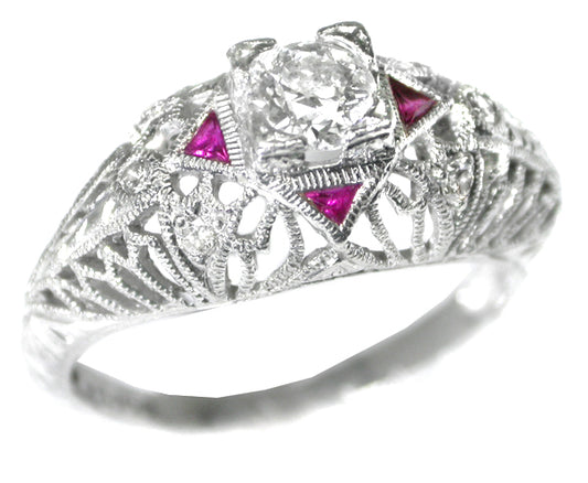 Edwardian Style Platinum Diamond and Ruby Ring