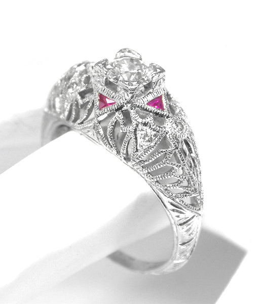 Edwardian Style Platinum Diamond and Ruby Ring
