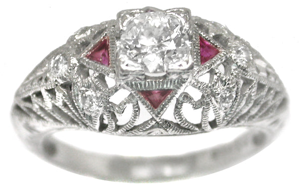 Edwardian Style Platinum Diamond and Ruby Ring