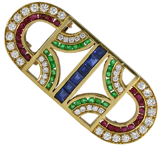 Emerald Ruby Sapphire Diamond 18k Yellow Gold Pin
