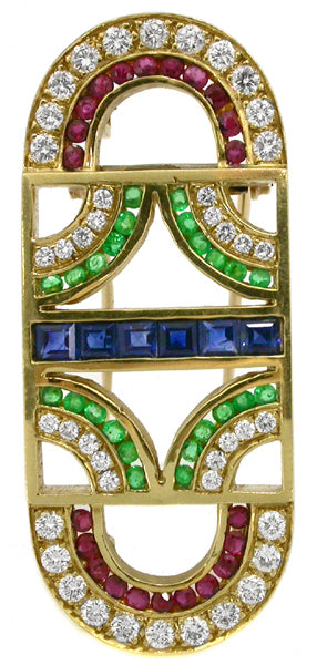 Emerald Ruby Sapphire Diamond 18k Yellow Gold Pin