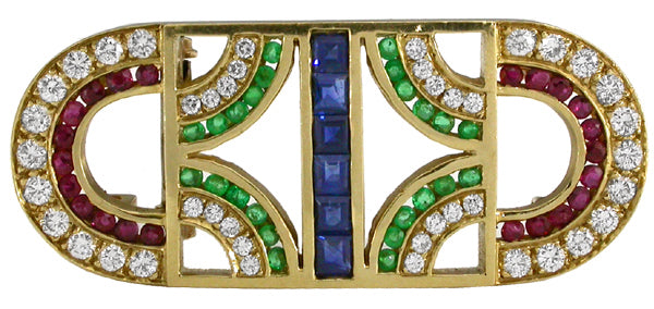 Emerald Ruby Sapphire Diamond 18k Yellow Gold Pin