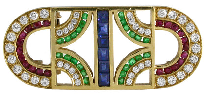 Emerald Ruby Sapphire Diamond 18k Yellow Gold Pin