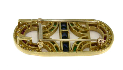 Emerald Ruby Sapphire Diamond 18k Yellow Gold Pin
