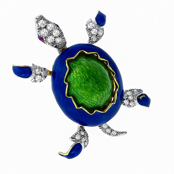Estate 0.40ct  Diamond  Ruby Enamel  Gold Turtle Pin