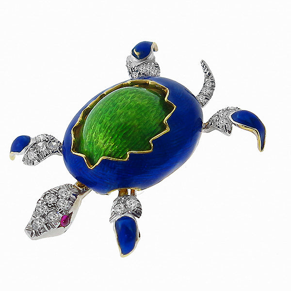Estate 0.40ct  Diamond  Ruby Enamel  Gold Turtle Pin