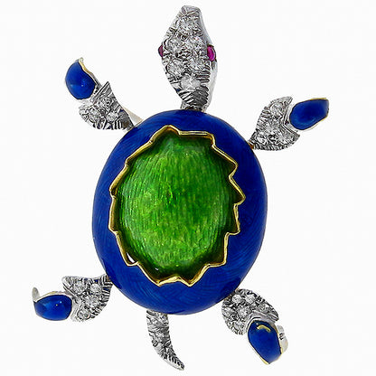 Estate 0.40ct  Diamond  Ruby Enamel  Gold Turtle Pin