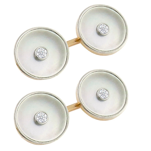 AntiqueOld Mine Cut Diamond Mother of Pearl 14k Yellow & White Gold Cufflinks