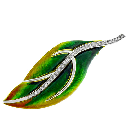 Estate 0.50ct Round Cut Diamond Enamel 18k Yellow & White  Gold Leaf Pin