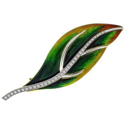 Estate 0.50ct Round Cut Diamond Enamel 18k Yellow & White  Gold Leaf Pin