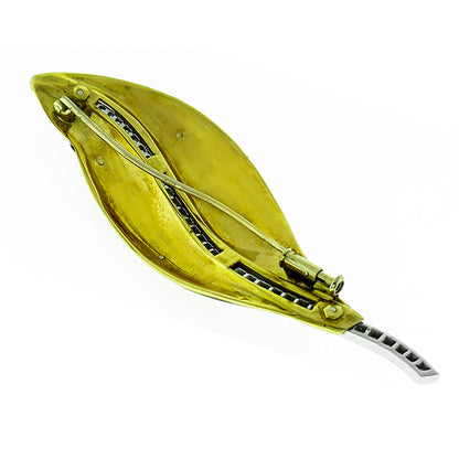 Estate 0.50ct Round Cut Diamond Enamel 18k Yellow & White  Gold Leaf Pin