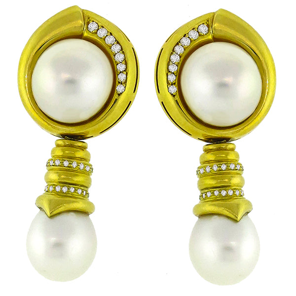 Diamond, Mabe & South Sea Pearl 18k Yellow Gold Chandelier Earrings