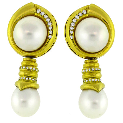 Diamond, Mabe & South Sea Pearl 18k Yellow Gold Chandelier Earrings