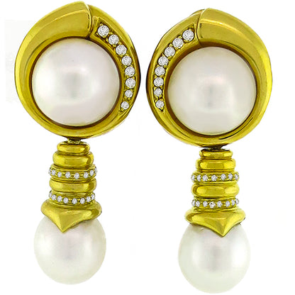 Diamond, Mabe & South Sea Pearl 18k Yellow Gold Chandelier Earrings