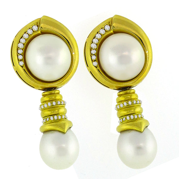 Diamond, Mabe & South Sea Pearl 18k Yellow Gold Chandelier Earrings