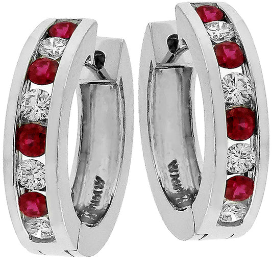 Vintage Round Cut Burmese Ruby Round Cut Diamond 14k White Gold Hoop Earrings
