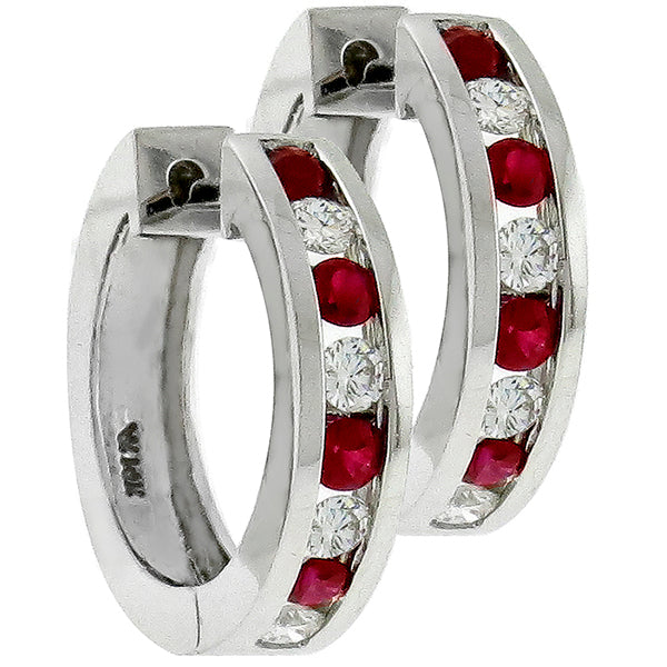 Vintage Round Cut Burmese Ruby Round Cut Diamond 14k White Gold Hoop Earrings