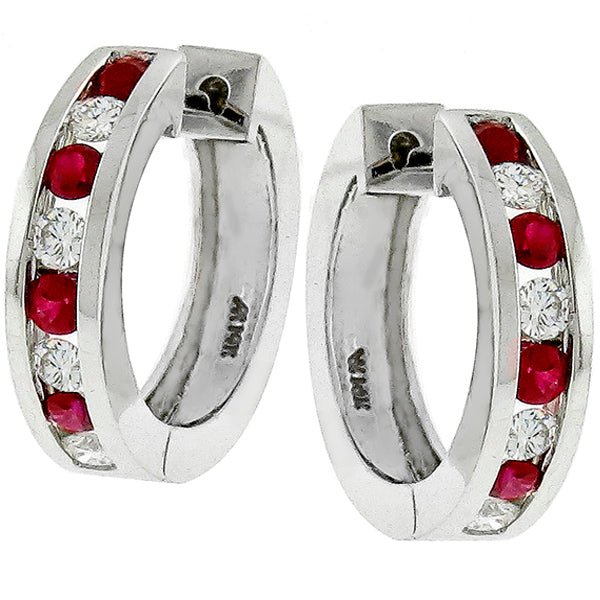 Vintage Round Cut Burmese Ruby Round Cut Diamond 14k White Gold Hoop Earrings