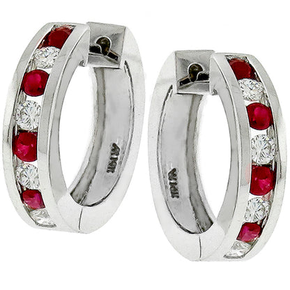 Vintage Round Cut Burmese Ruby Round Cut Diamond 14k White Gold Hoop Earrings