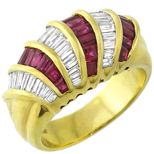 Vintage Diamond Baguette And Ruby 18k Yellow Gold Ring Band