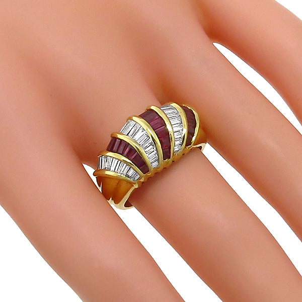 Vintage Diamond Baguette And Ruby 18k Yellow Gold Ring Band