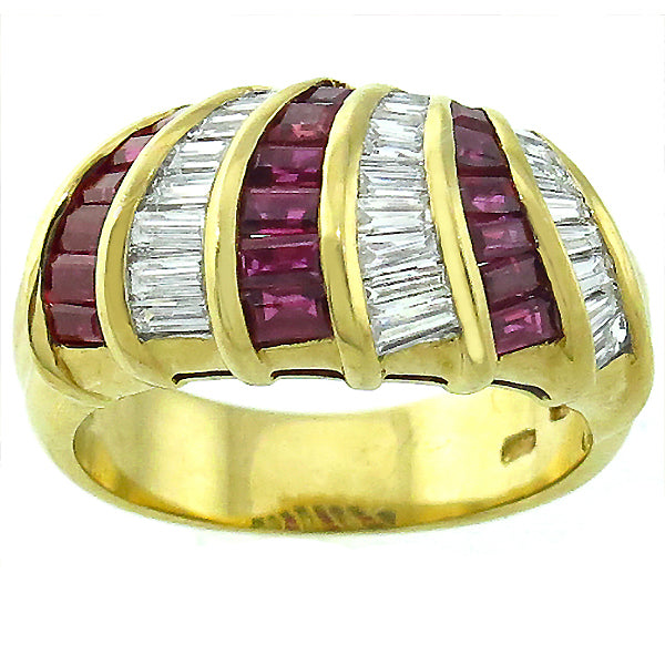 Vintage Diamond Baguette And Ruby 18k Yellow Gold Ring Band