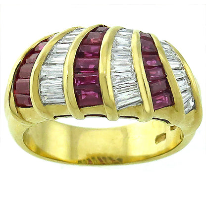 Vintage Diamond Baguette And Ruby 18k Yellow Gold Ring Band
