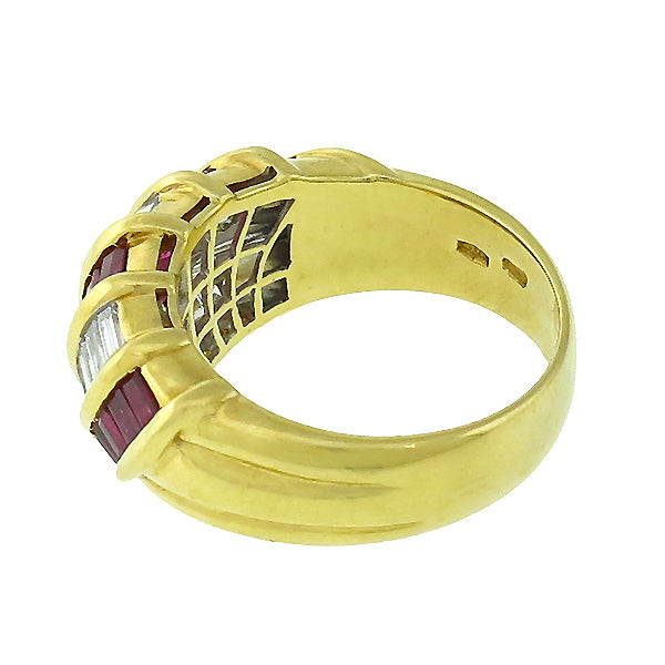 Vintage Diamond Baguette And Ruby 18k Yellow Gold Ring Band