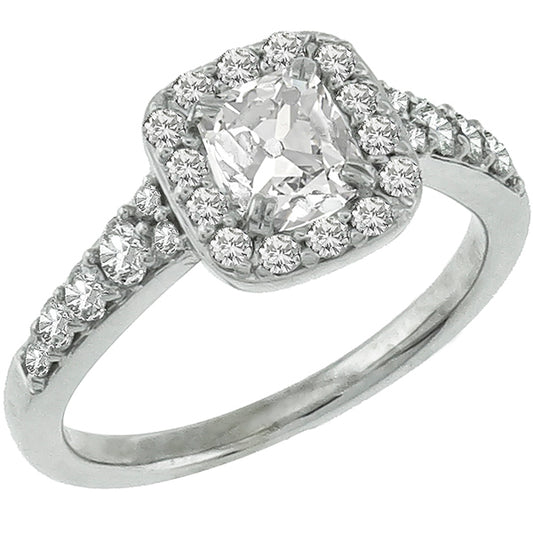 vintage Modified Cushion Cut Diamond Ring and Wedding Band Set in 14k White Gold