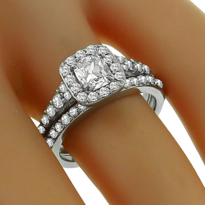 vintage Modified Cushion Cut Diamond Ring and Wedding Band Set in 14k White Gold