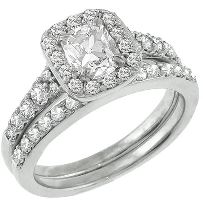 vintage Modified Cushion Cut Diamond Ring and Wedding Band Set in 14k White Gold