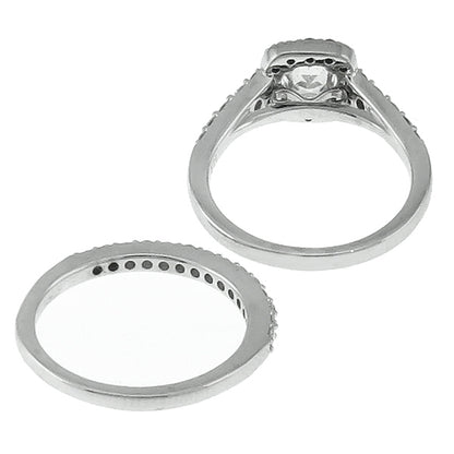 vintage Modified Cushion Cut Diamond Ring and Wedding Band Set in 14k White Gold