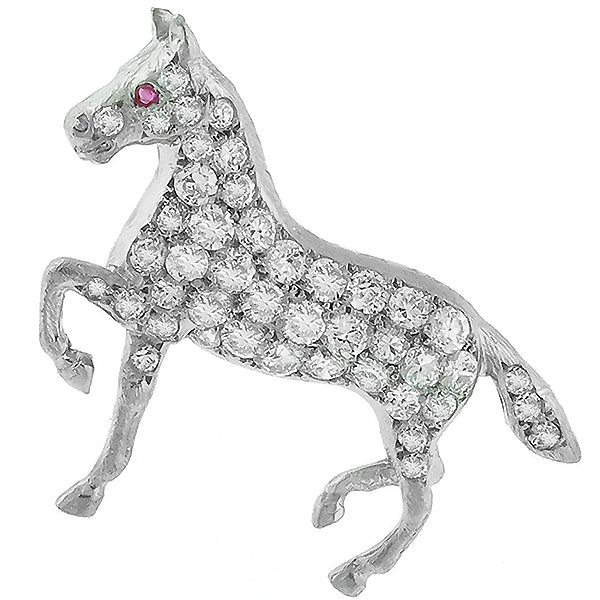 Estate 1.00ct European Cut Diamond Ruby Platinum Horse Pin