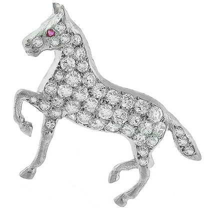 Estate 1.00ct European Cut Diamond Ruby Platinum Horse Pin